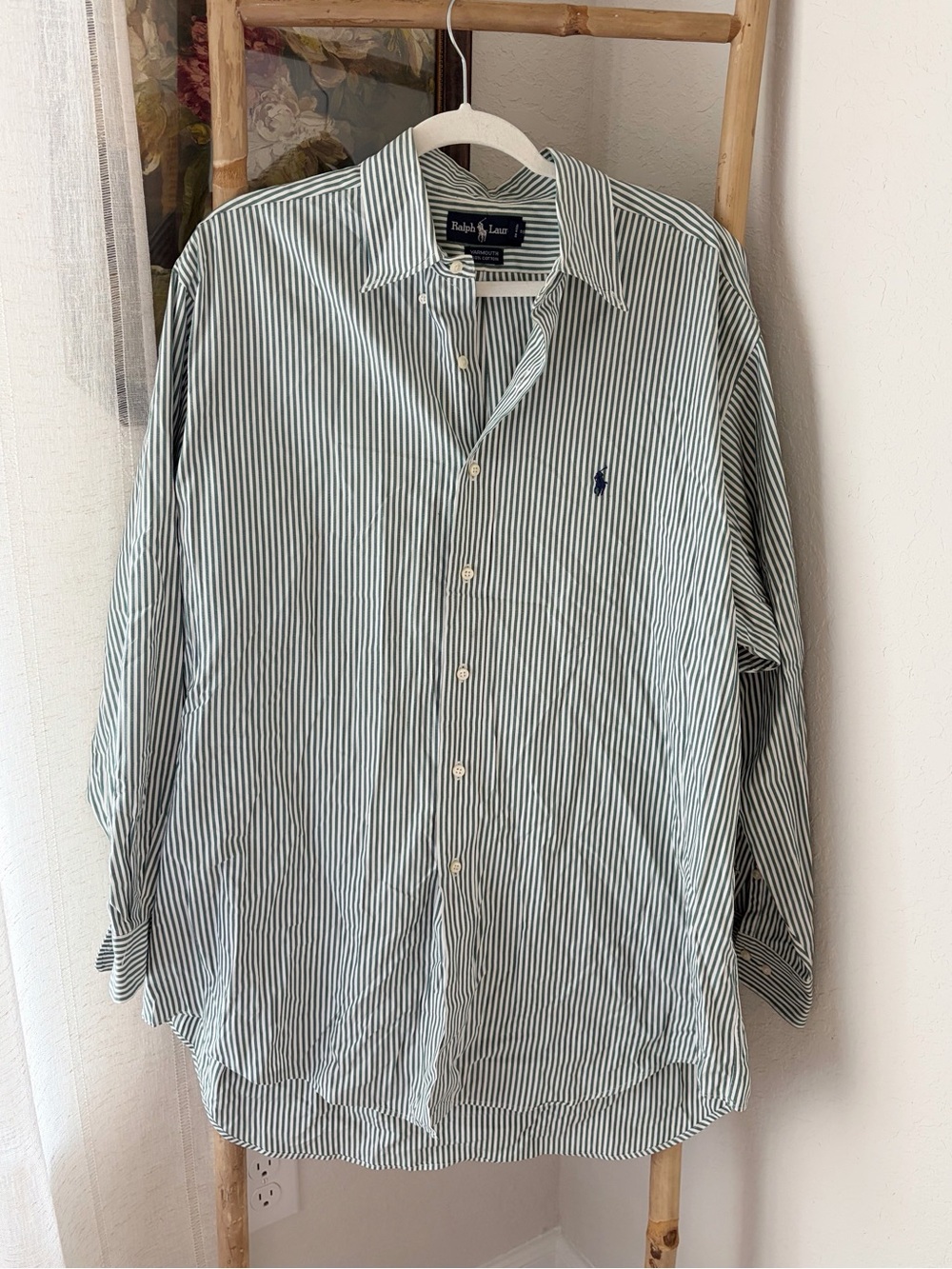 Ralph Lauren Green and White Narrow Stripe Button-Down Shirt